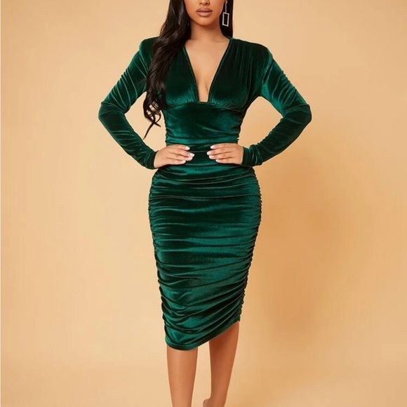 Sexy Deep V Neck Ruched Velvet Bodycon Dress womens midi party prom dress maxi - Picture 1 of 6